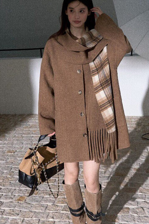 Drop-Shoulder Tassel Scarf Collar Jacket