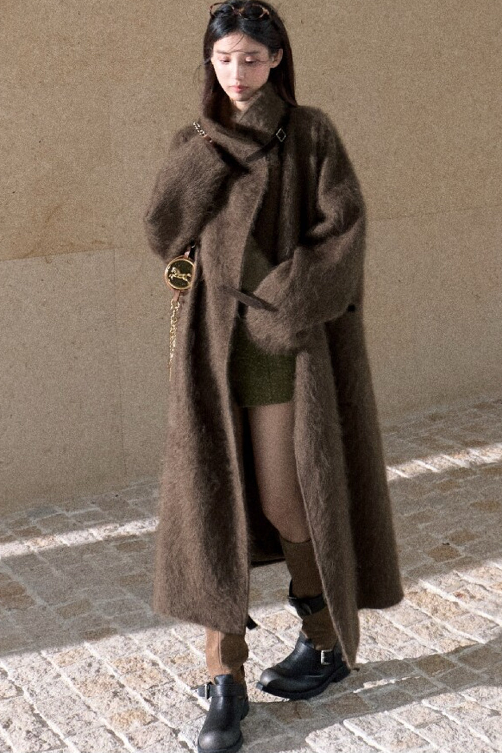 Brushed Cashmere Silk Funnel Collar Coat