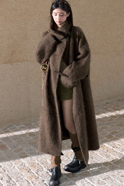 Brushed Cashmere Silk Funnel Collar Coat