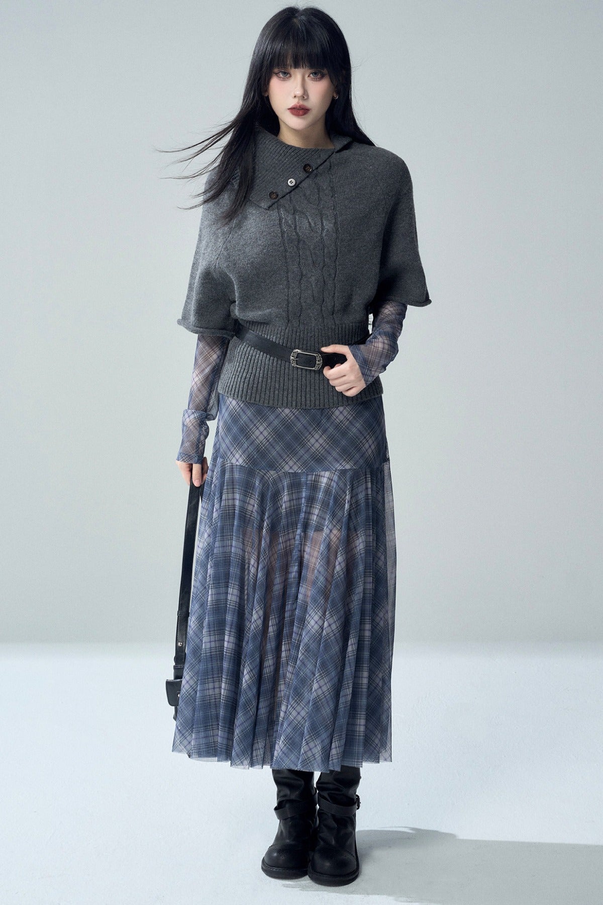 Blue Plaid Long Sleeve Dress Set