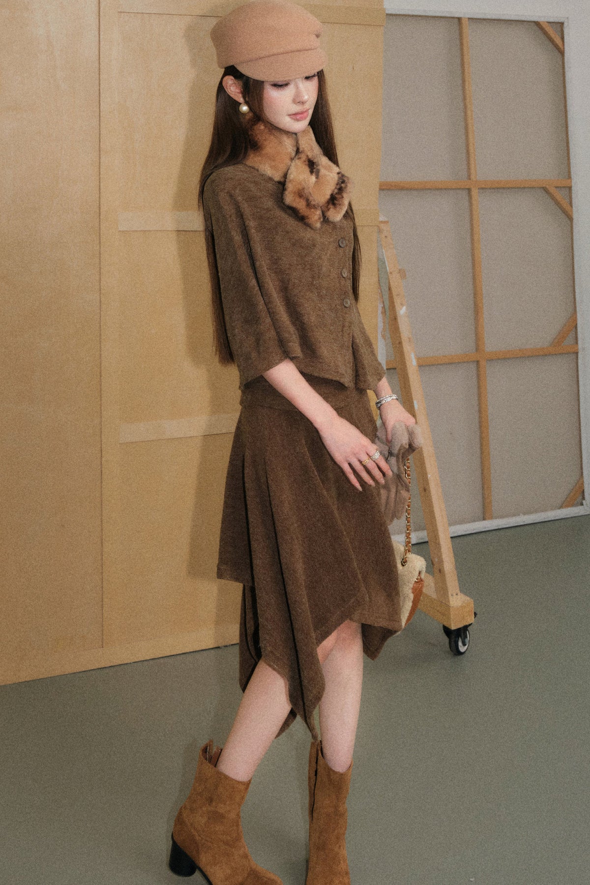 Mocha Brown Velvet-Like Top and Skirt Set