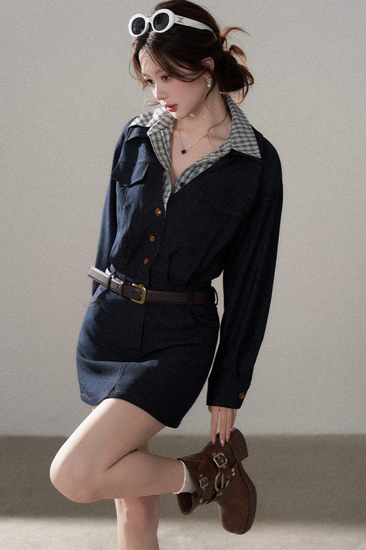 Robe trapèze taille haute à manches longues