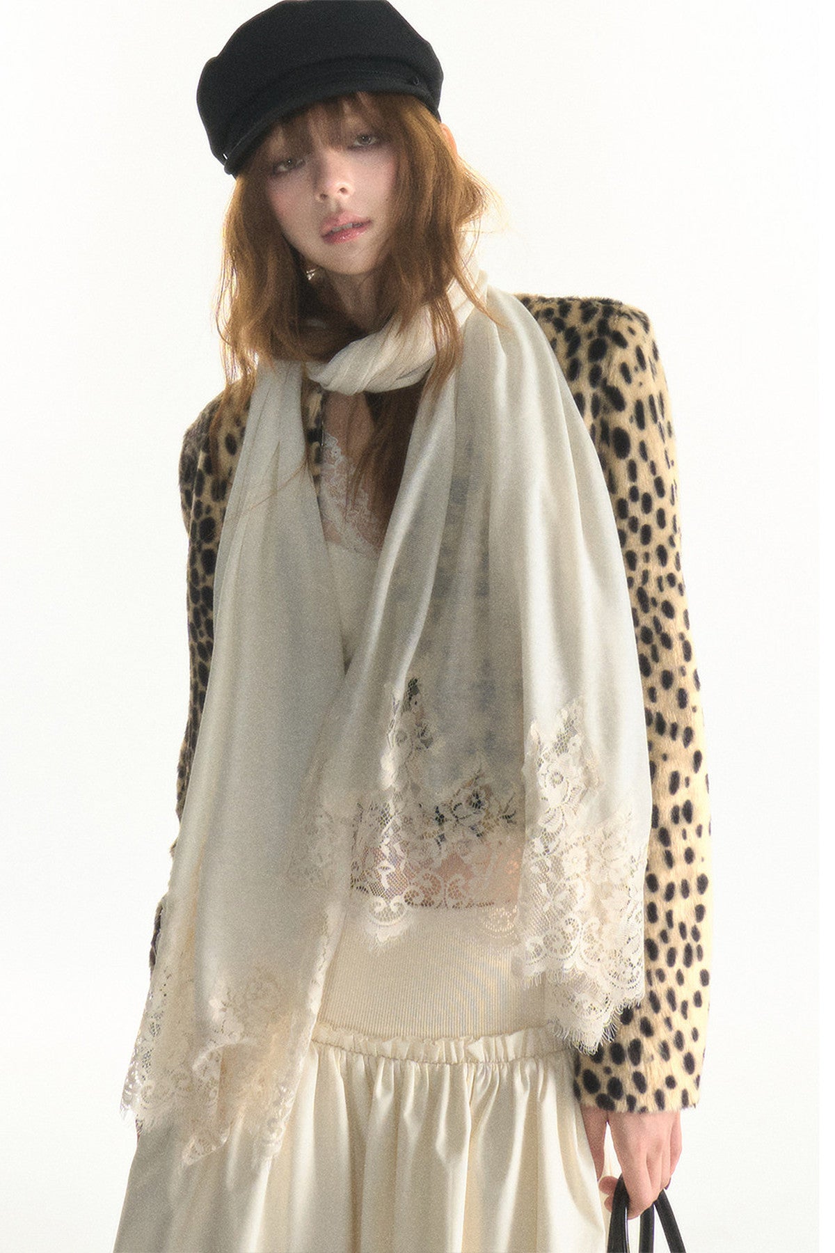 Long Lace Trim Silk Scarf Shawl