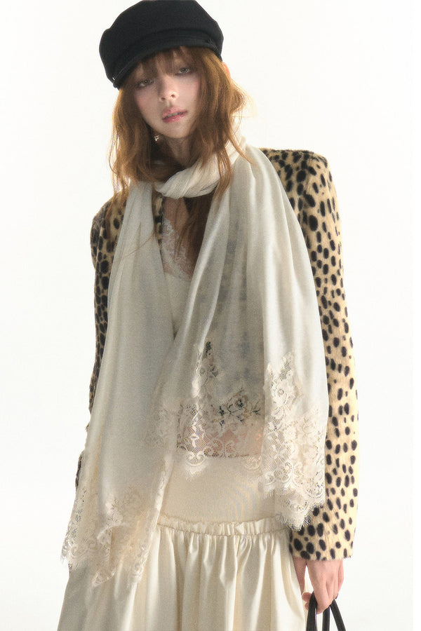 Long Lace Trim Silk Scarf Shawl