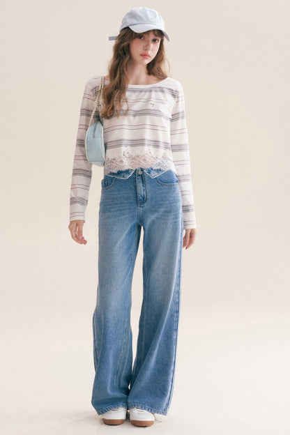 100% Cotton Folded Waistband Wide-Leg Jeans