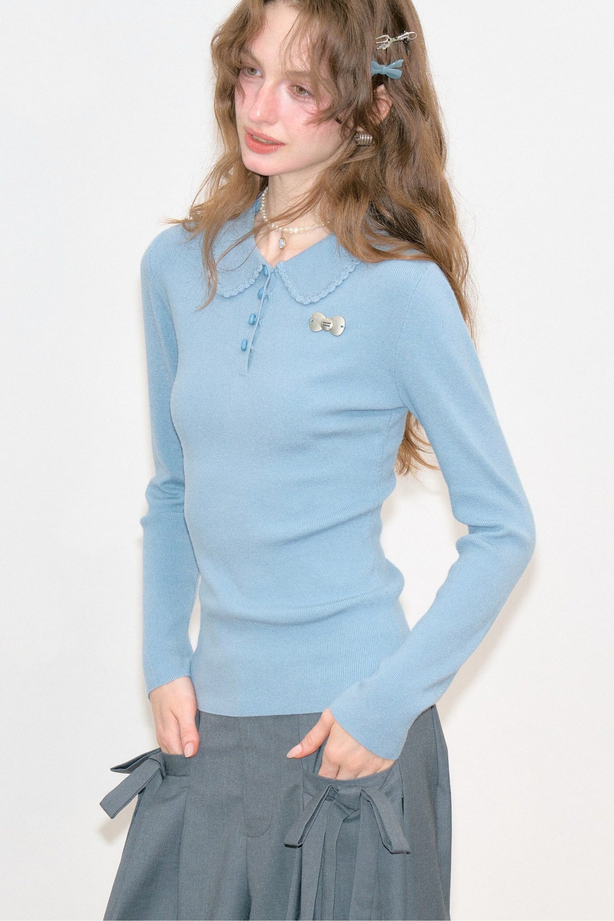 Milk Blue Polo Collar Knit Top