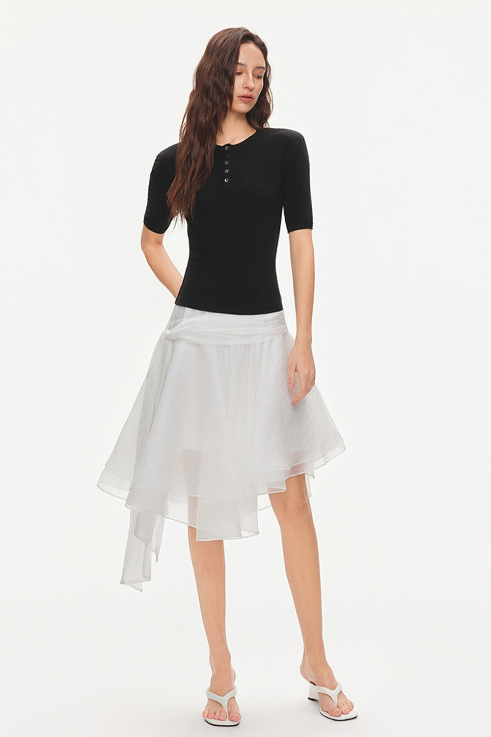 Asymmetrical Tie Waist Sheer Midi Skirt