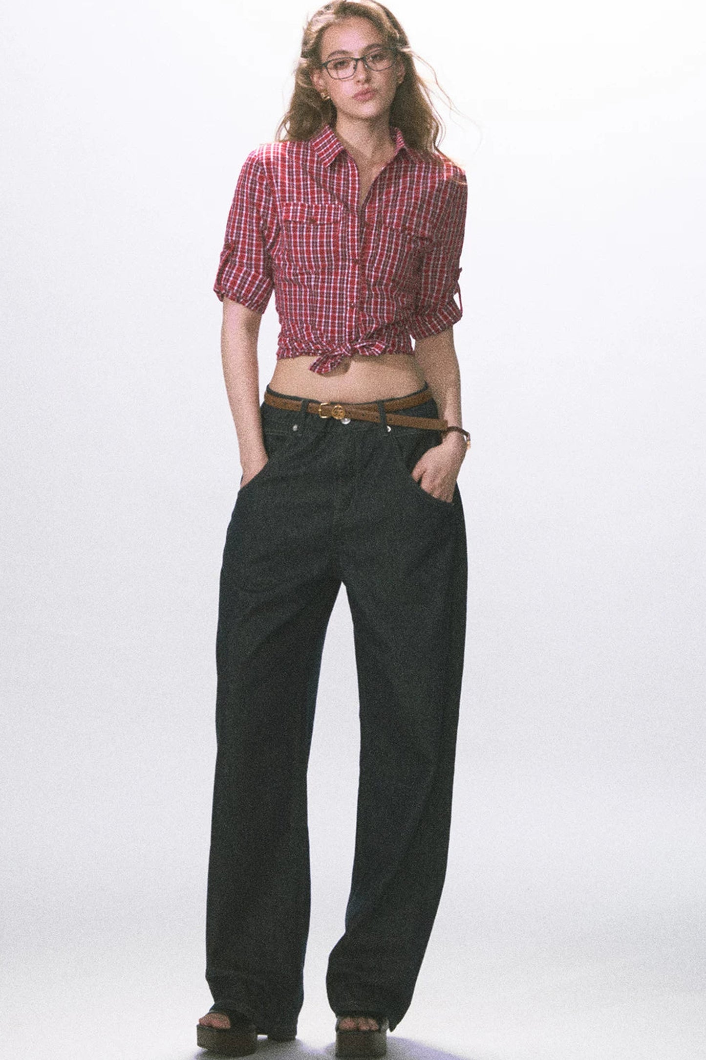 빈티지 슬림핏 체크 블라우스