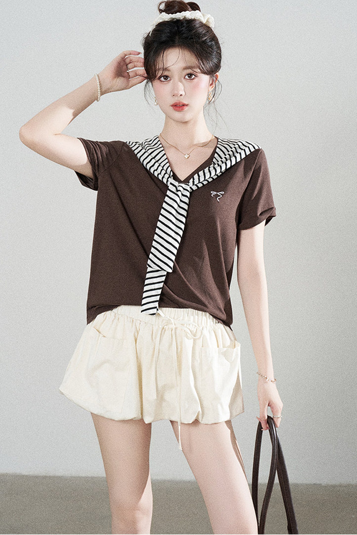 Loose Short-Sleeved Striped Shawl T-Shirt and Denim Skirt Set-Up