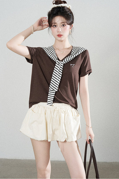 Loose Short-Sleeved Striped Shawl T-Shirt and Denim Skirt Set-Up