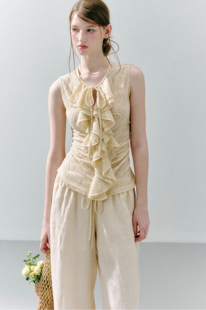 White Peach Wool Lace Ruffle Vest