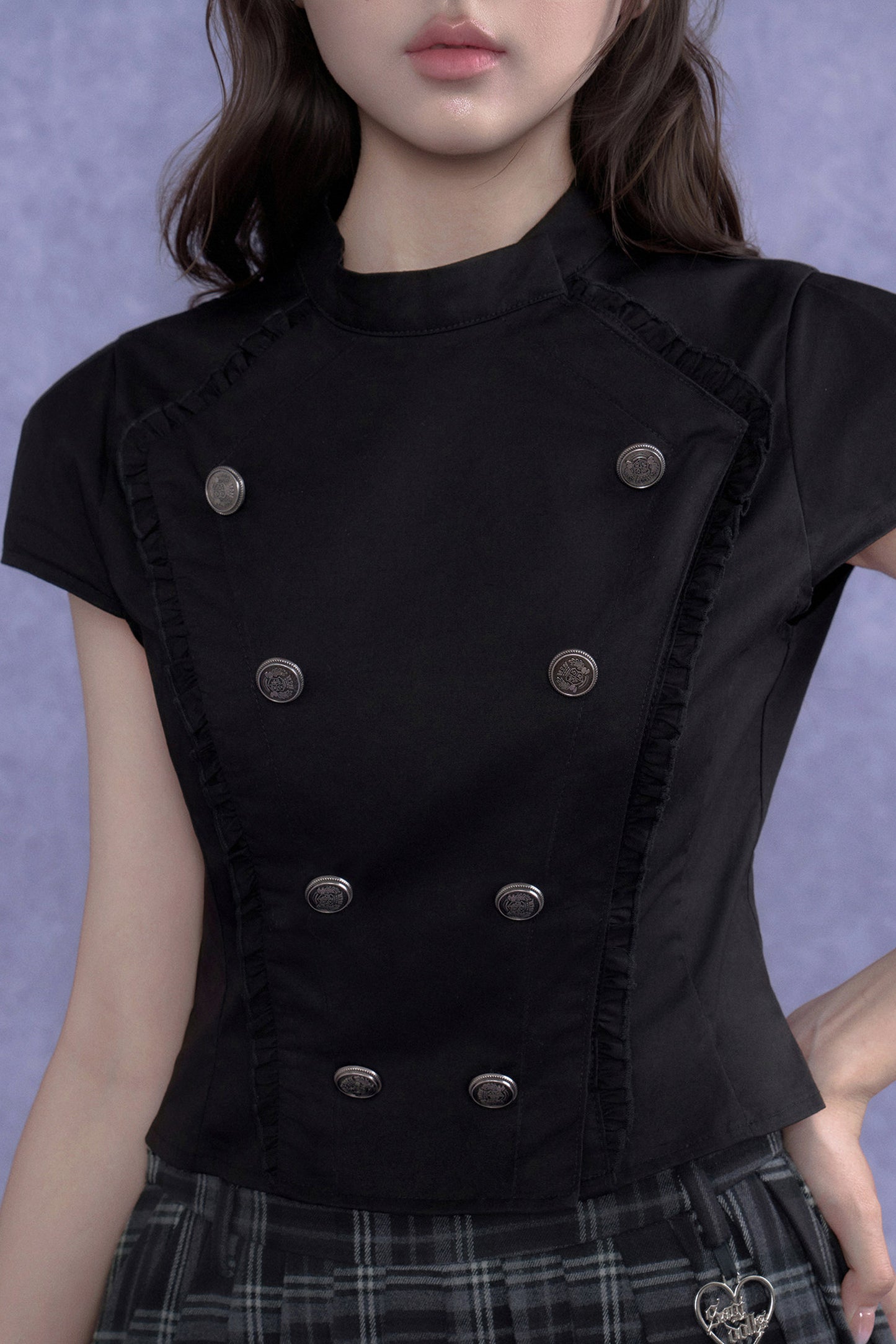 Black Double-Breasted Stand Collar Shirt