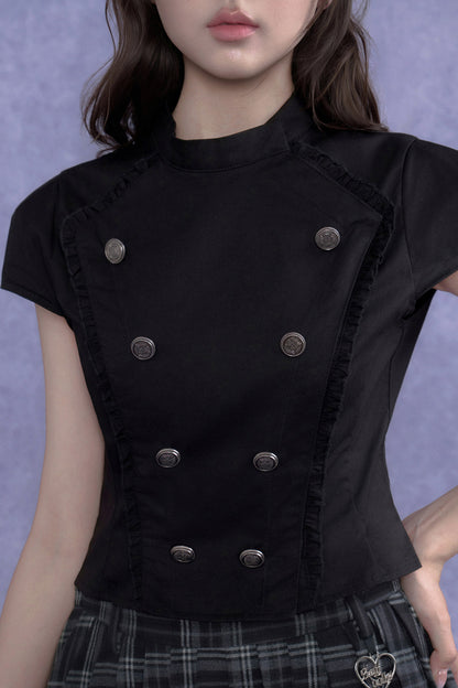 Black Double-Breasted Stand Collar Shirt