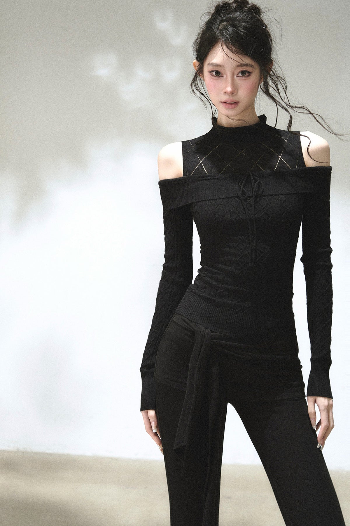 Hollow-Out Off-Shoulder Diamond Knit Top