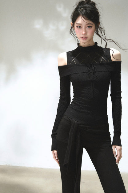 Hollow-Out Off-Shoulder Diamond Knit Top