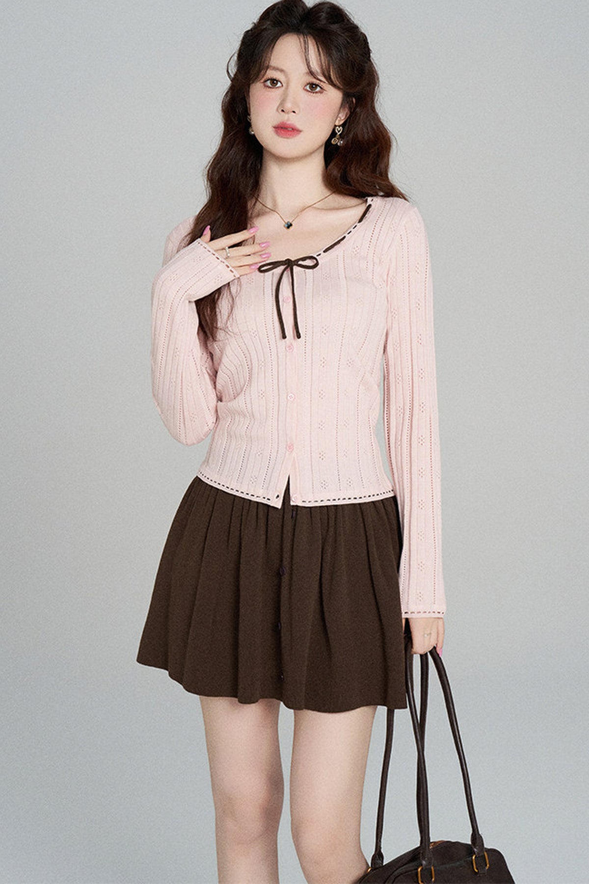 Hollow-Out Knit Cardigan and Skirt Set-Up