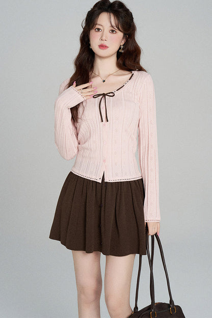 Hollow-Out Knit Cardigan and Skirt Set-Up
