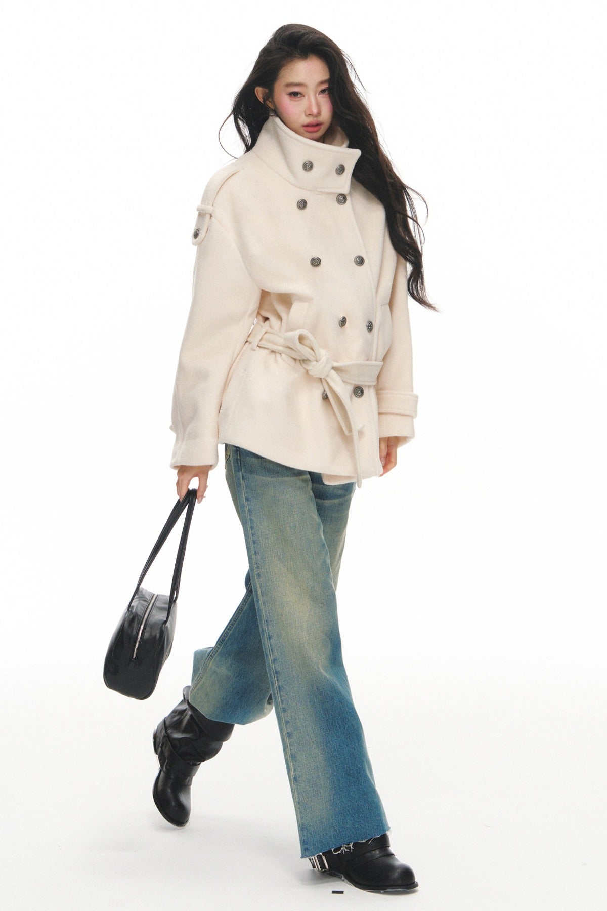 White Double-Breasted Stand-Collar Jacket and Pants Set-Up
