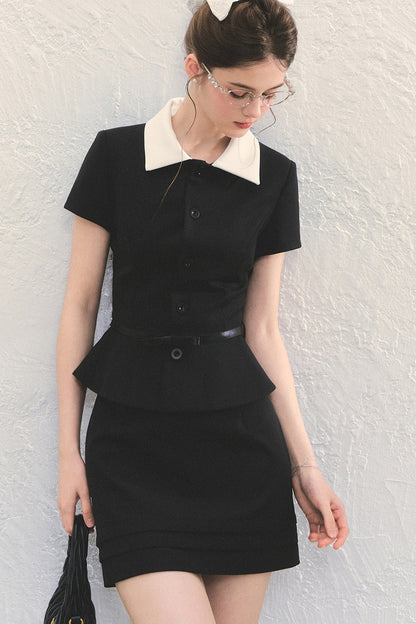 Black Short-Sleeved Shirt and A-Line Skirt Set-Up