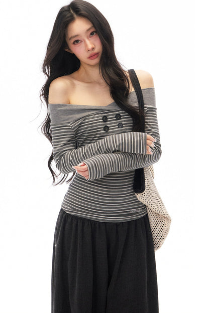 Striped Off-Shoulder Knit Top and Jeans Set-Up