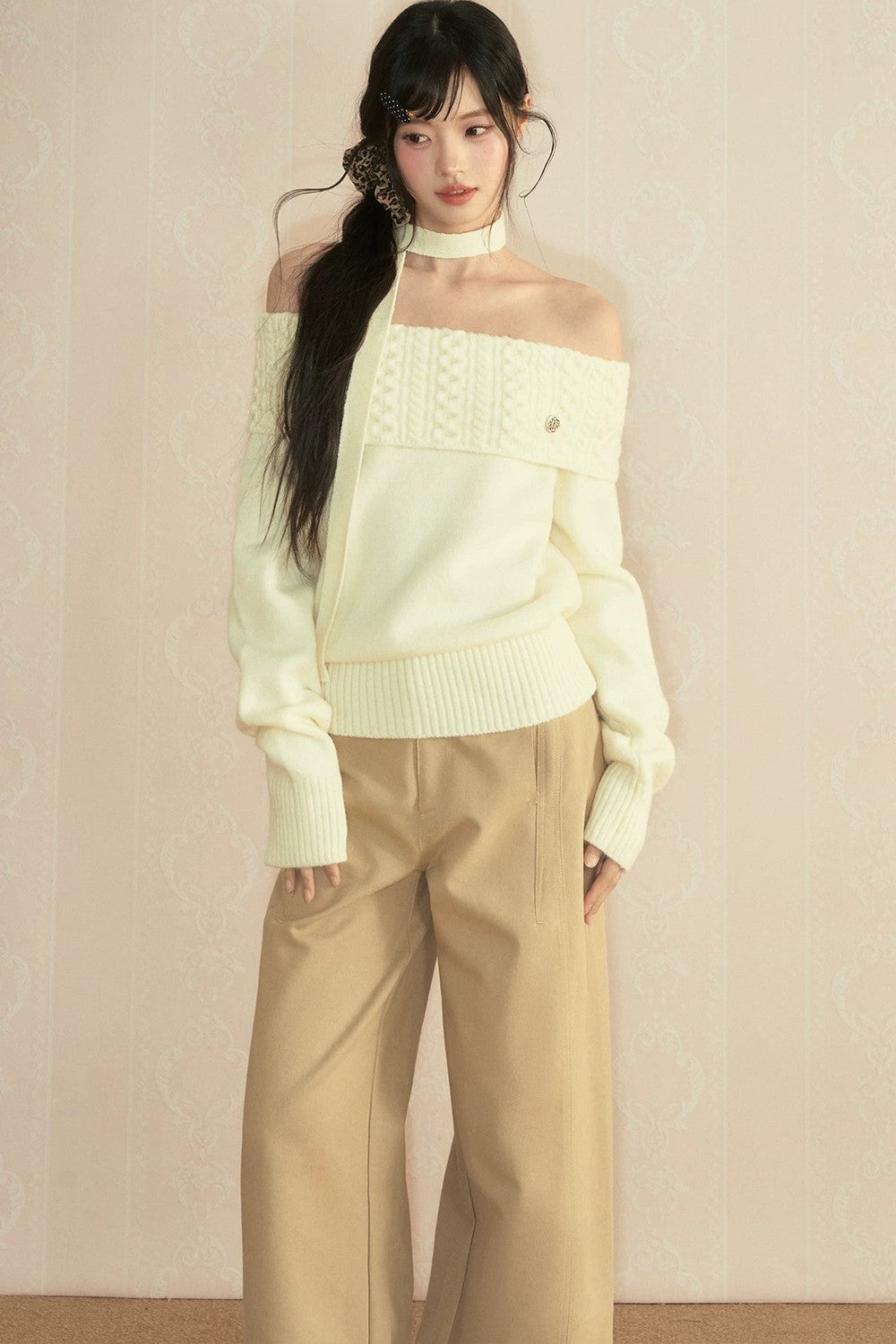 Off-Shoulder Long Sleeve Knit Top