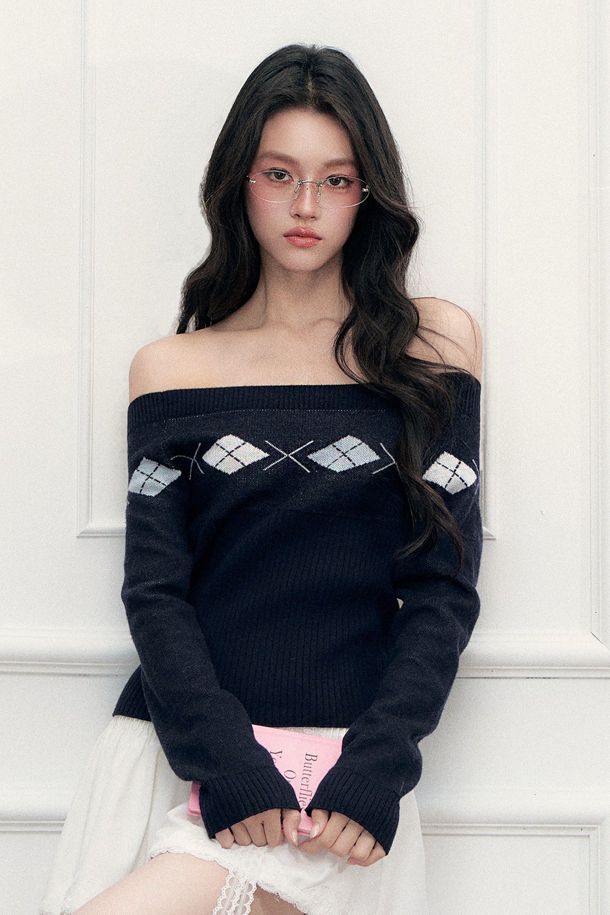 Argyle Off-Shoulder Knit Top