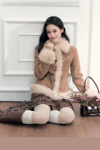 Embroidered Suede Faux Fur Jacket