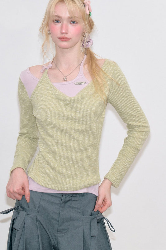 Grün-lila Neckholder-Stricktop im Lagenlook