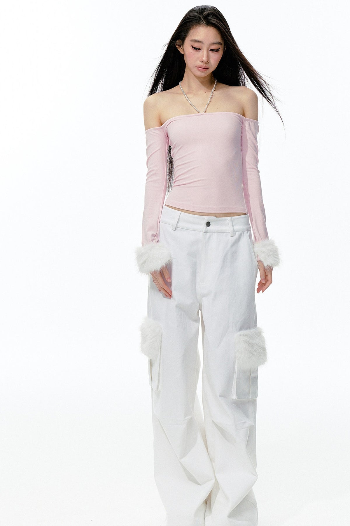 Pearl Halter Detachable Fur Knit Top