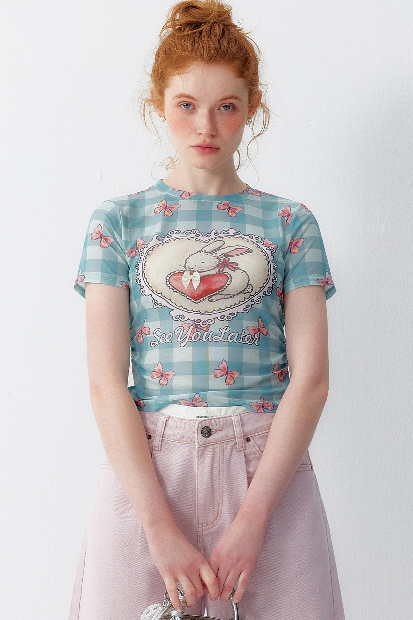 Blue Plaid Heart Rabbit Print T-Shirt