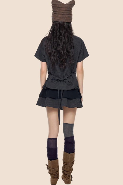 Plaid Pleated Blouse and Cake Skirt Set-Up