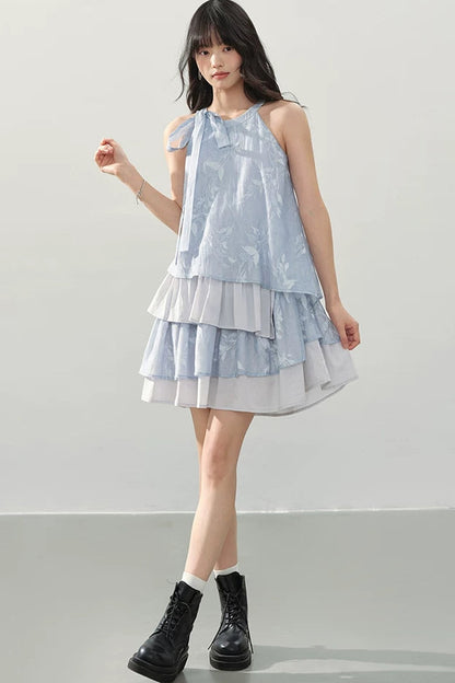 Blue Halter Print Tiered Dress