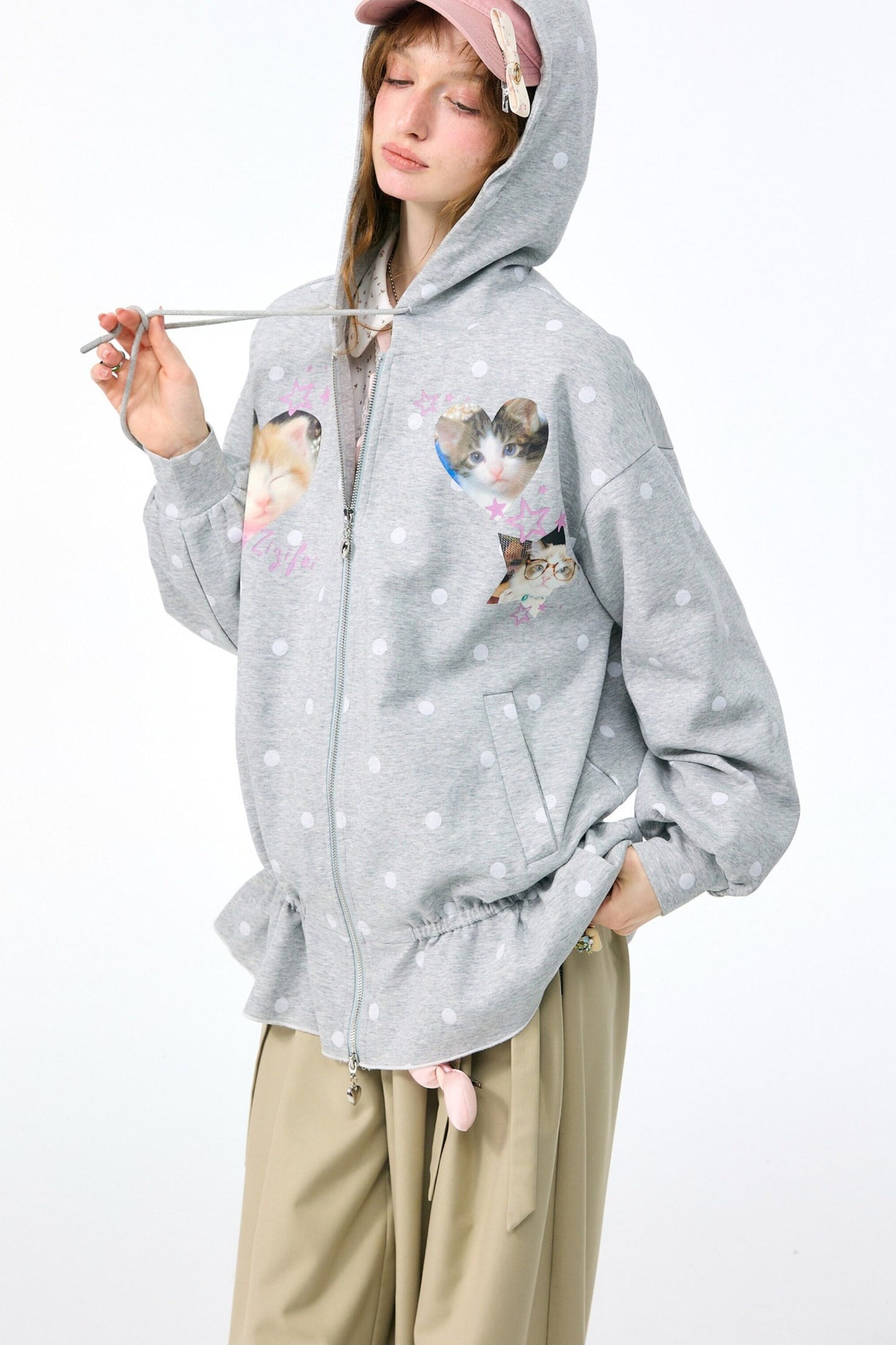 Cat Polka Dot Zipper Hooded Jacket