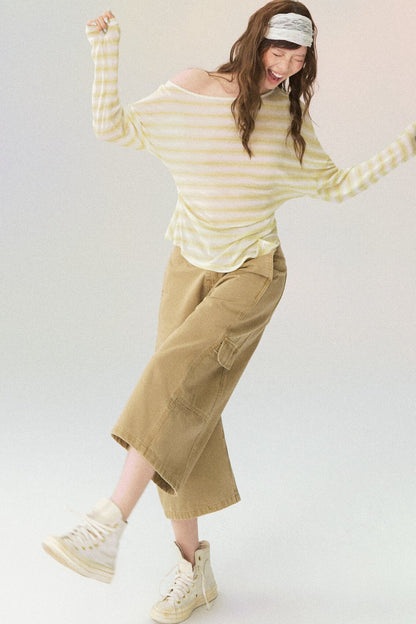 Off-Shoulder Striped Long-Sleeve Blouse
