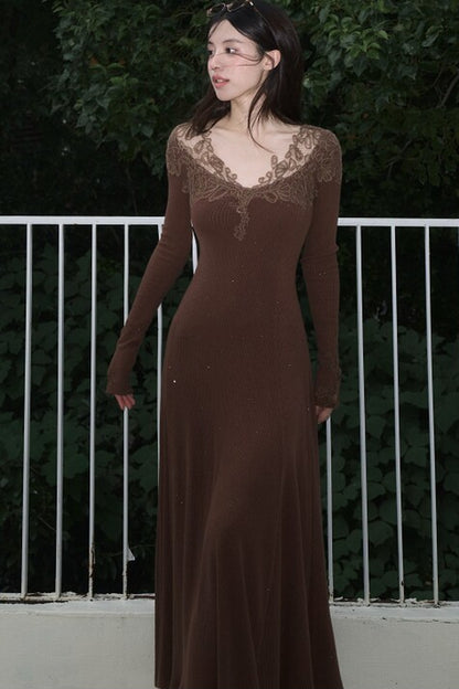 Spliced Lace Trim Long-Sleeve A-Line Dress