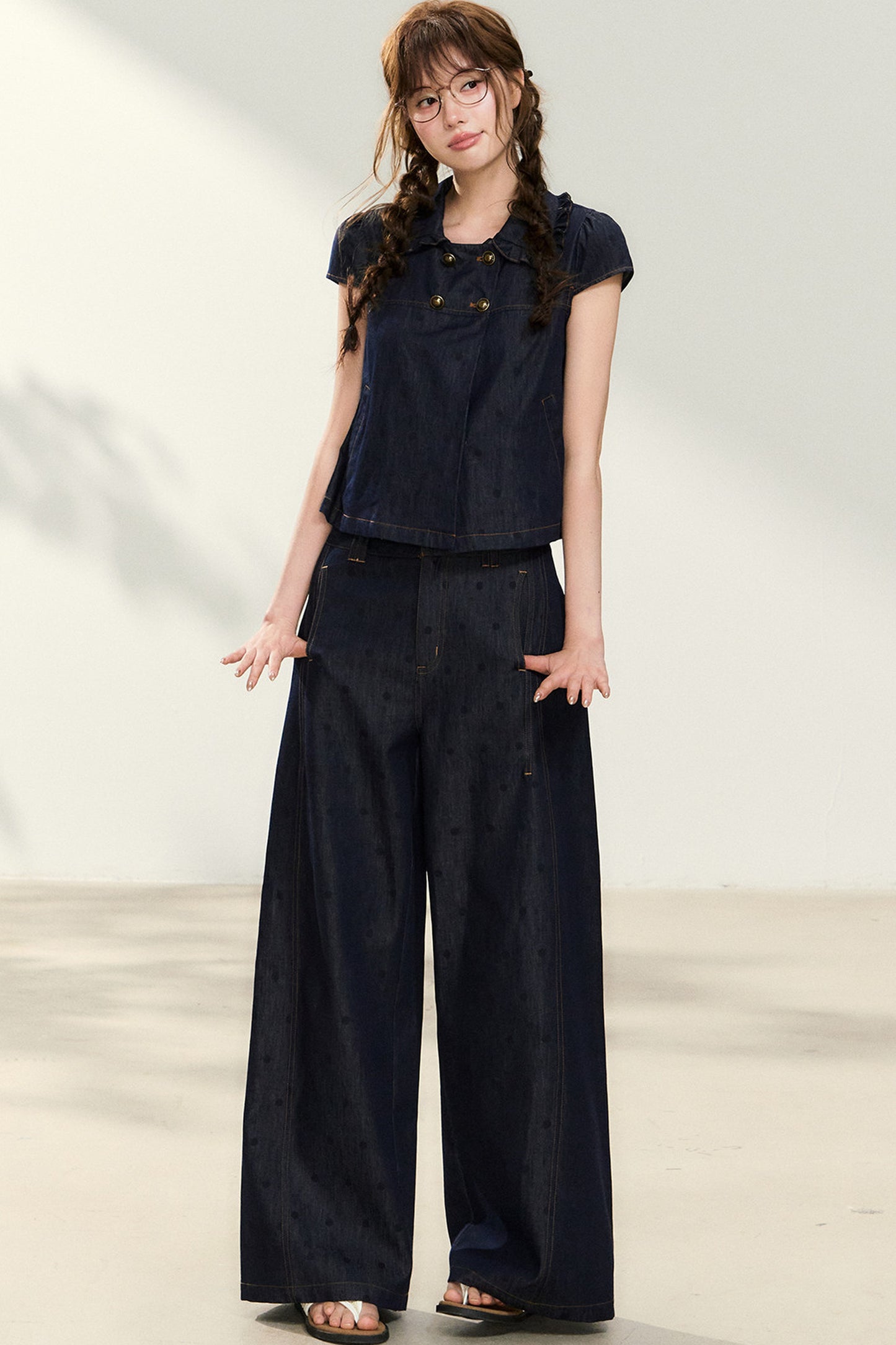 Denim Short-Sleeved Shirt and Wide-Leg Pants Set