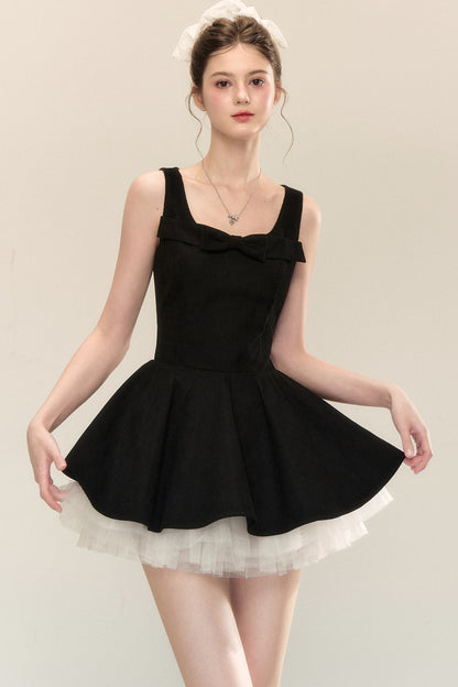 Bow Neck Spaghetti Strap Puffy Dress