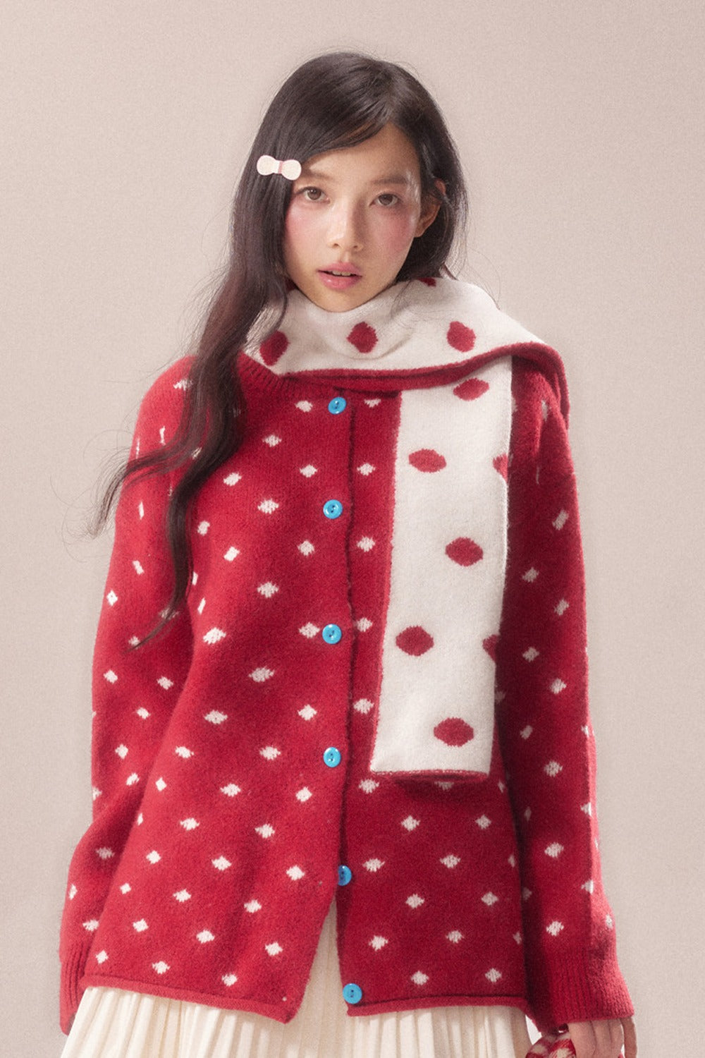 Polka Dot Scarf Knit Cardigan