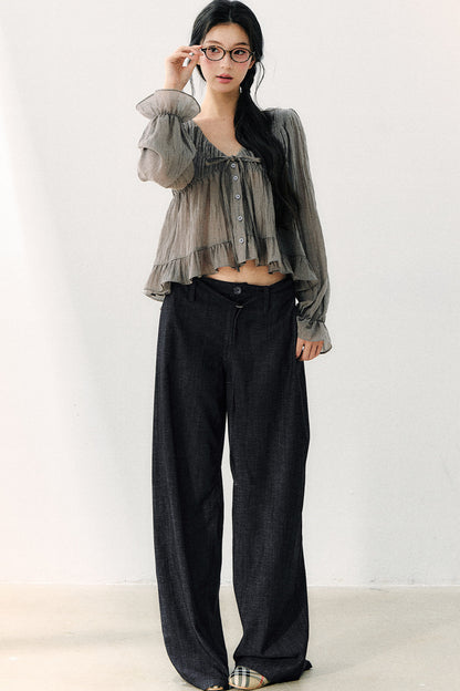 Ruffled V-Neck Long-Sleeved Chiffon Top