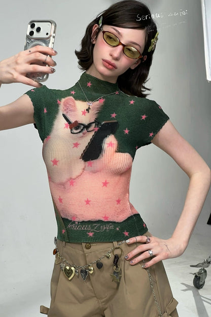 Green Star Cat Print Blouse