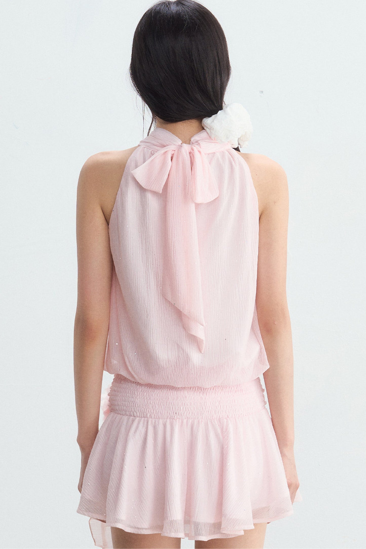Pink Textured Chiffon Sleeveless Halter Dress