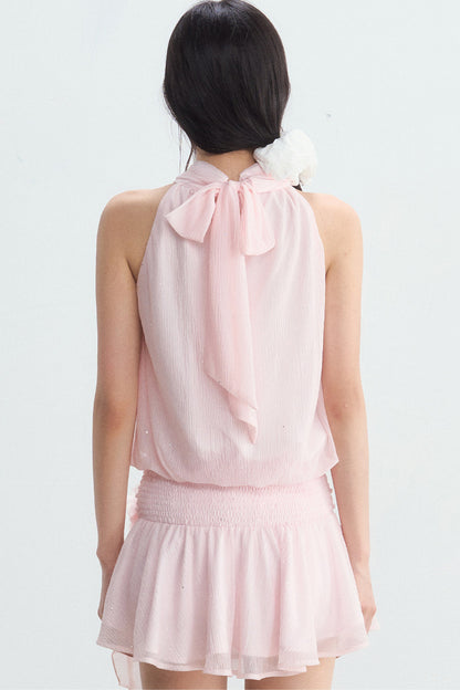 Pink Textured Chiffon Sleeveless Halter Dress