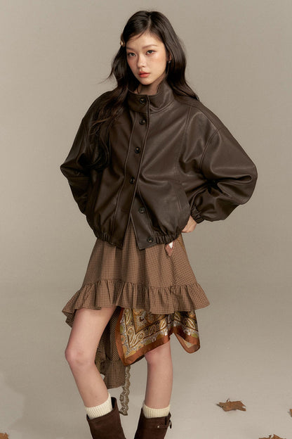 Barn Style Stand Collar Short Leather Jacket