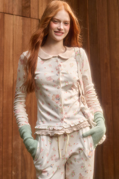 Layered-Look Floral Bunny Cardigan and Pants Set-Up