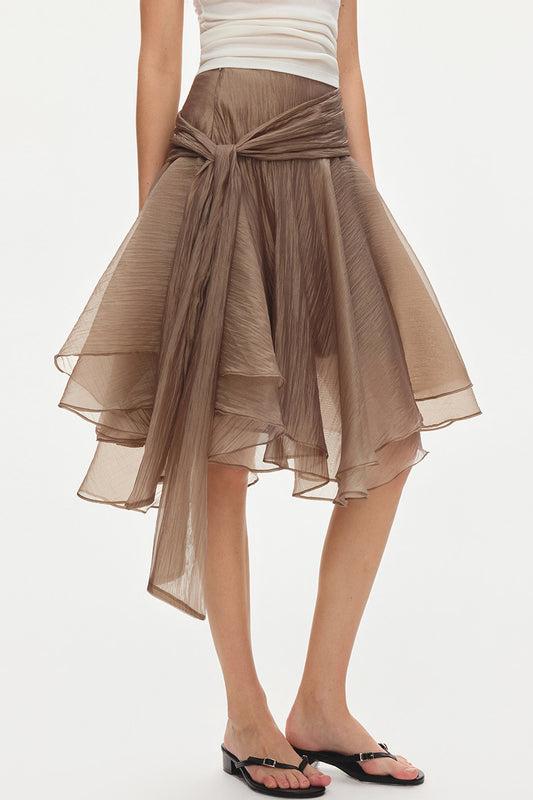 Asymmetrical Tie Waist Sheer Midi Skirt