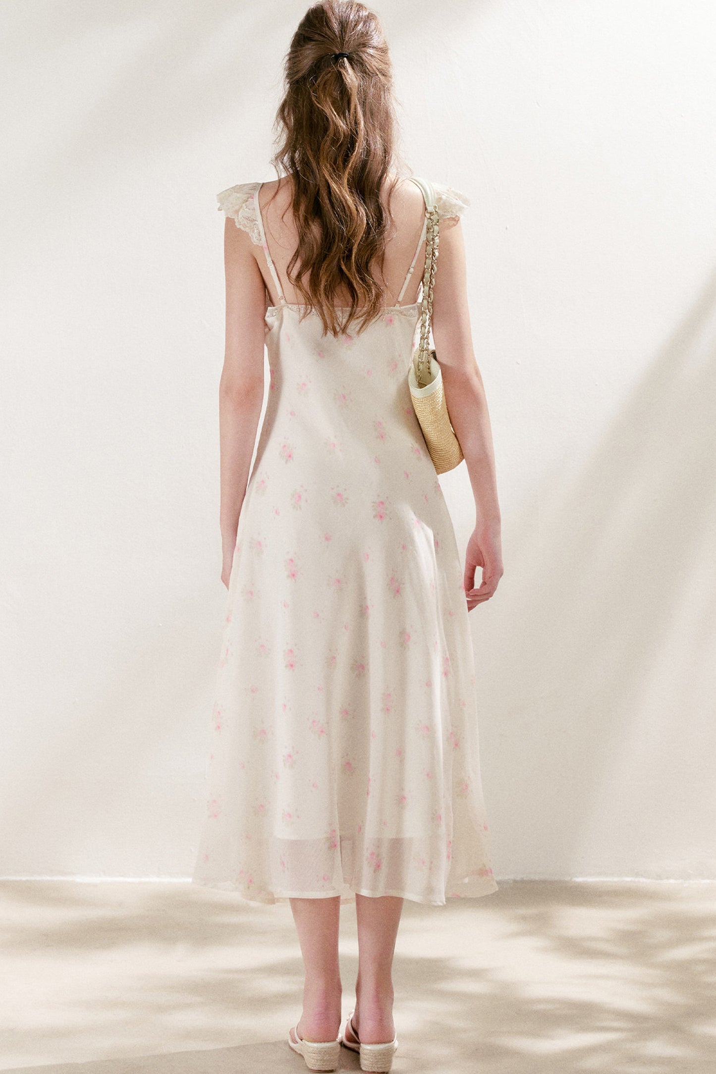 Hand-Painted Blurred Rose Print Lace Patchwork Long Dress