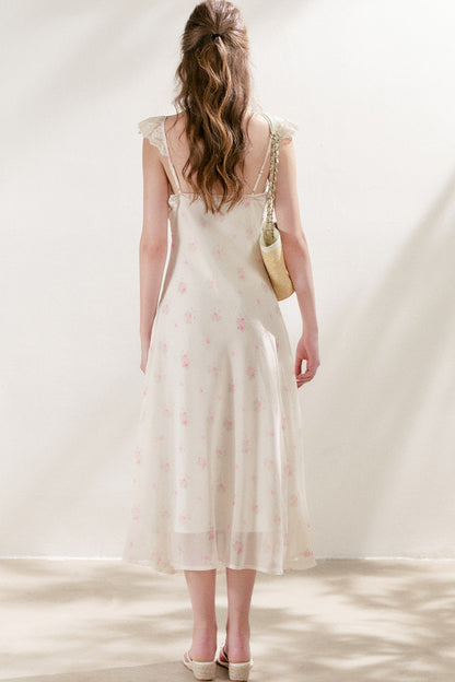 Hand-Painted Blurred Rose Print Lace Patchwork Long Dress