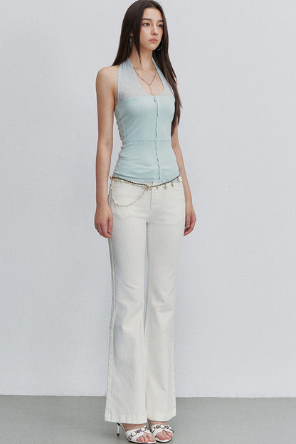 White Bamboo Texture Flared Denim Pants