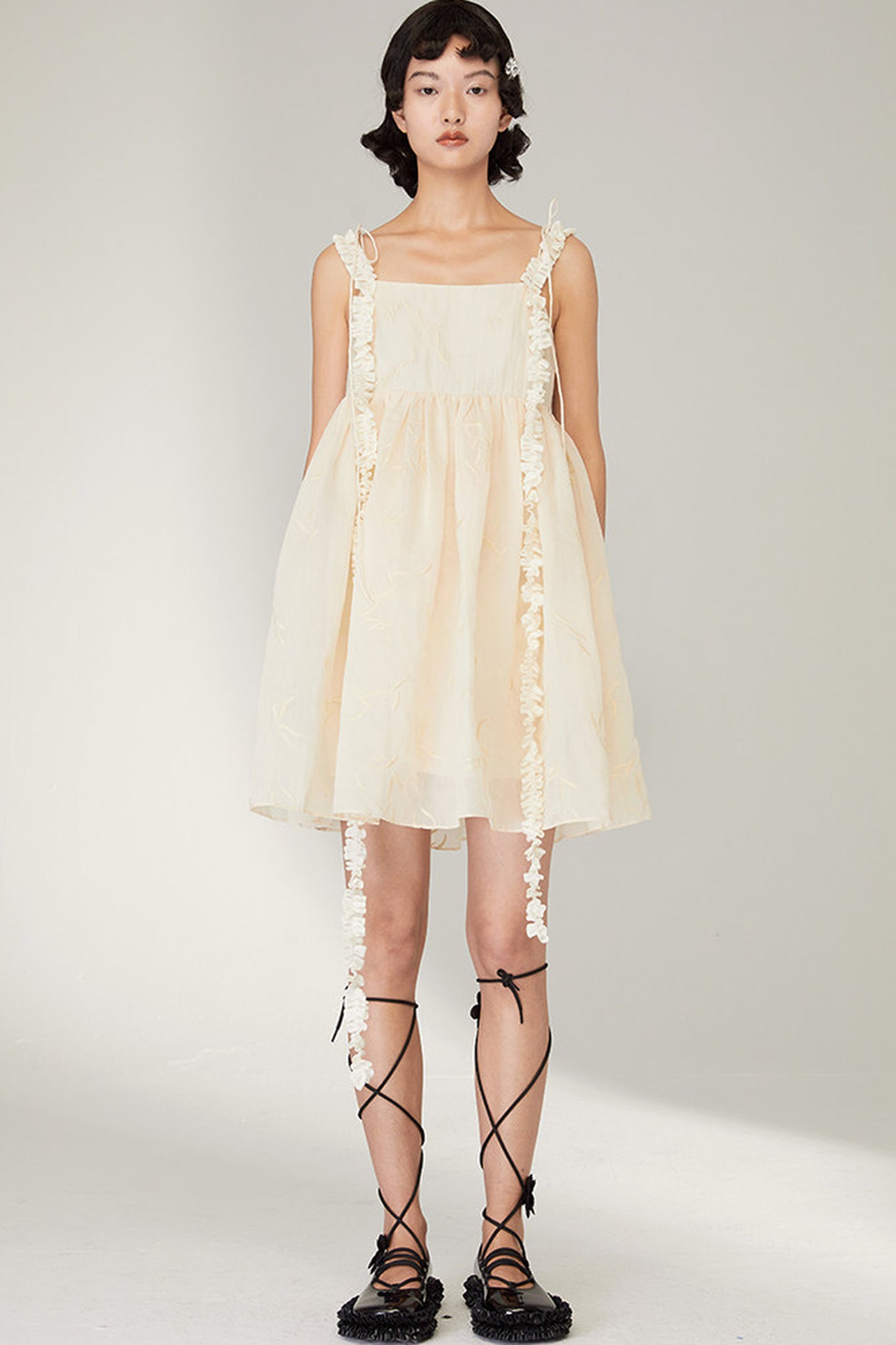 Floral Jacquard Ruffle Strap Dress