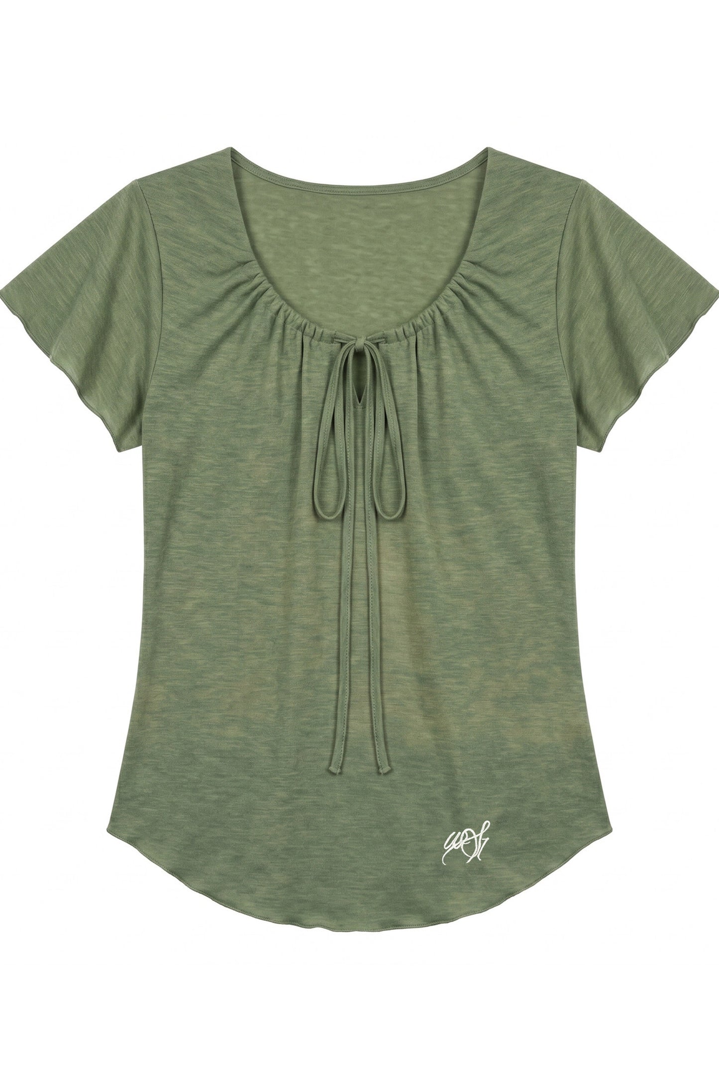 Completo con maglia verde con coulisse e pantaloni neri svasati